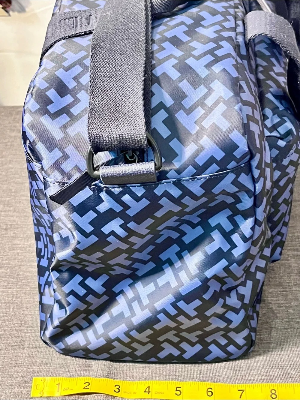 NWT Tommy Hilfiger Navy and Black Geometric Duffel Bag retail tag: $148